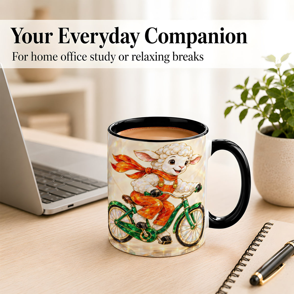 #pl[11oz|Black] Crystal Cycling Lamb Coffee Mug, Bicycle Rider Mug, Ceramic Cup
