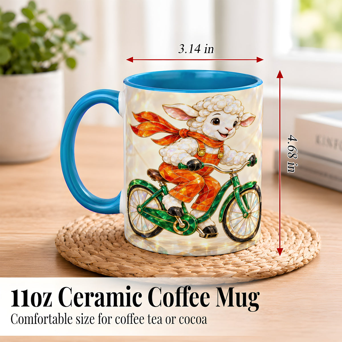 #pl[11oz|Blue] Crystal Cycling Lamb Coffee Mug, Bicycle Rider Mug, Ceramic Cup