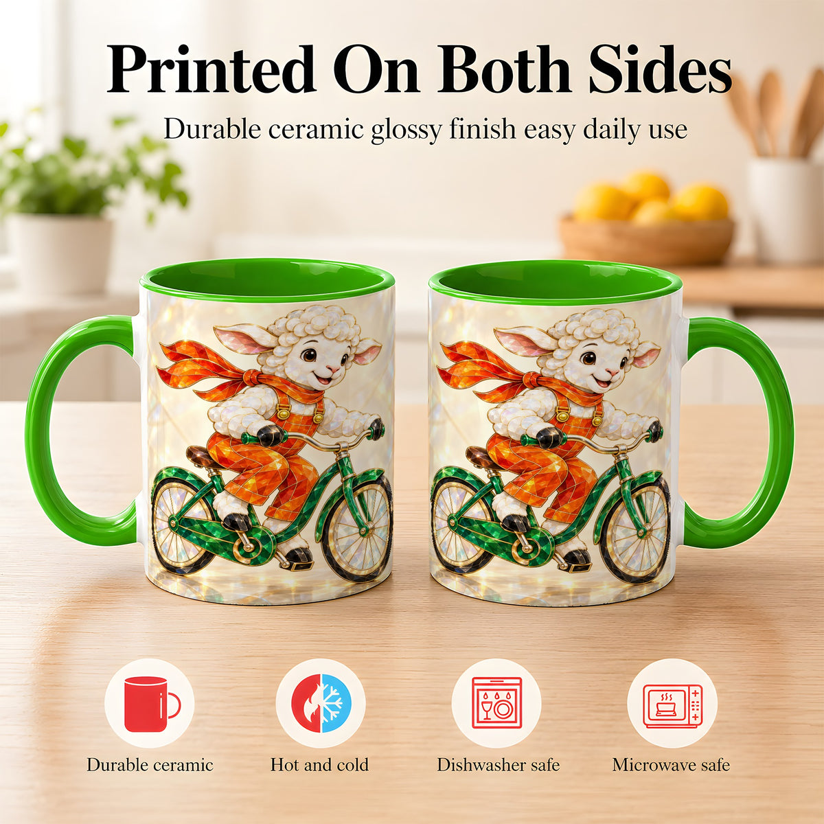 #pl[11oz|Green] Crystal Cycling Lamb Coffee Mug, Bicycle Rider Mug, Ceramic Cup