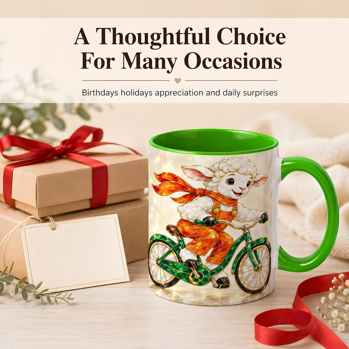 #pl[11oz|Green] Crystal Cycling Lamb Coffee Mug, Bicycle Rider Mug, Ceramic Cup