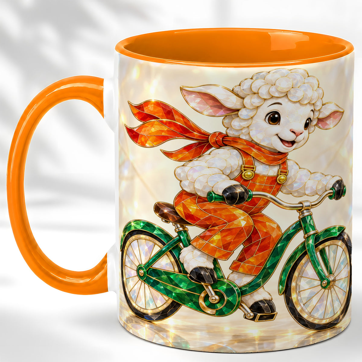 #pl[11oz|Orange] Crystal Cycling Lamb Coffee Mug, Bicycle Rider Mug, Ceramic Cup