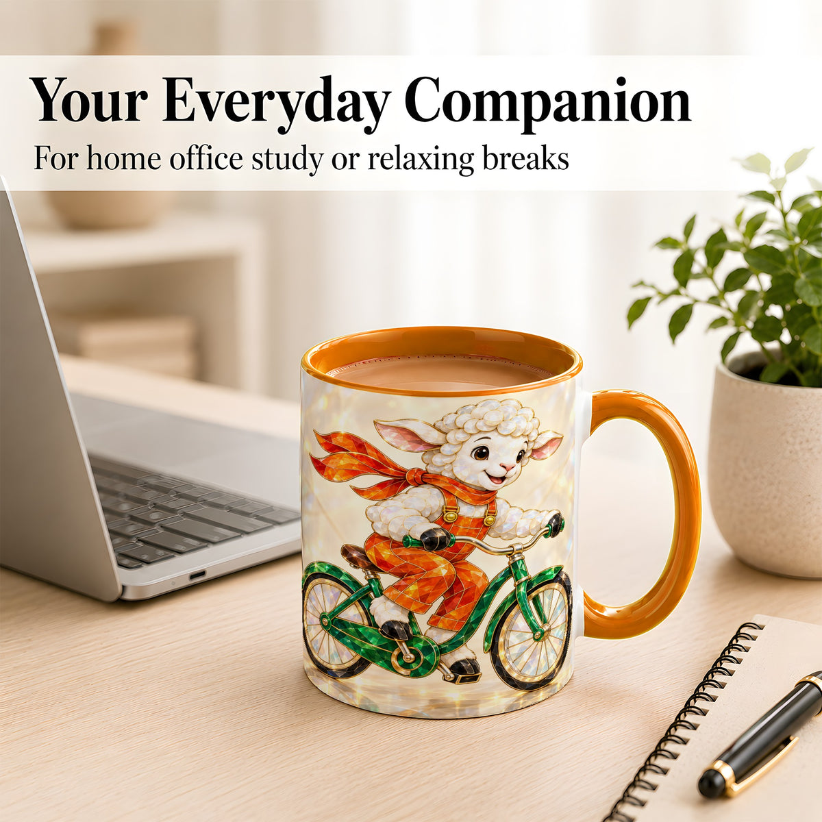 #pl[11oz|Orange] Crystal Cycling Lamb Coffee Mug, Bicycle Rider Mug, Ceramic Cup