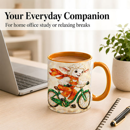 #pl[11oz|Orange] Crystal Cycling Lamb Coffee Mug, Bicycle Rider Mug, Ceramic Cup