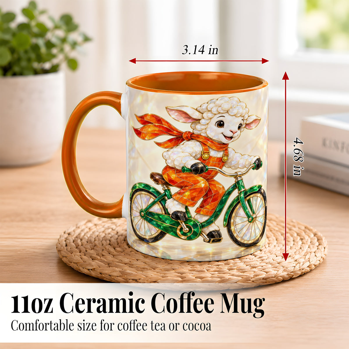 #pl[11oz|Orange] Crystal Cycling Lamb Coffee Mug, Bicycle Rider Mug, Ceramic Cup