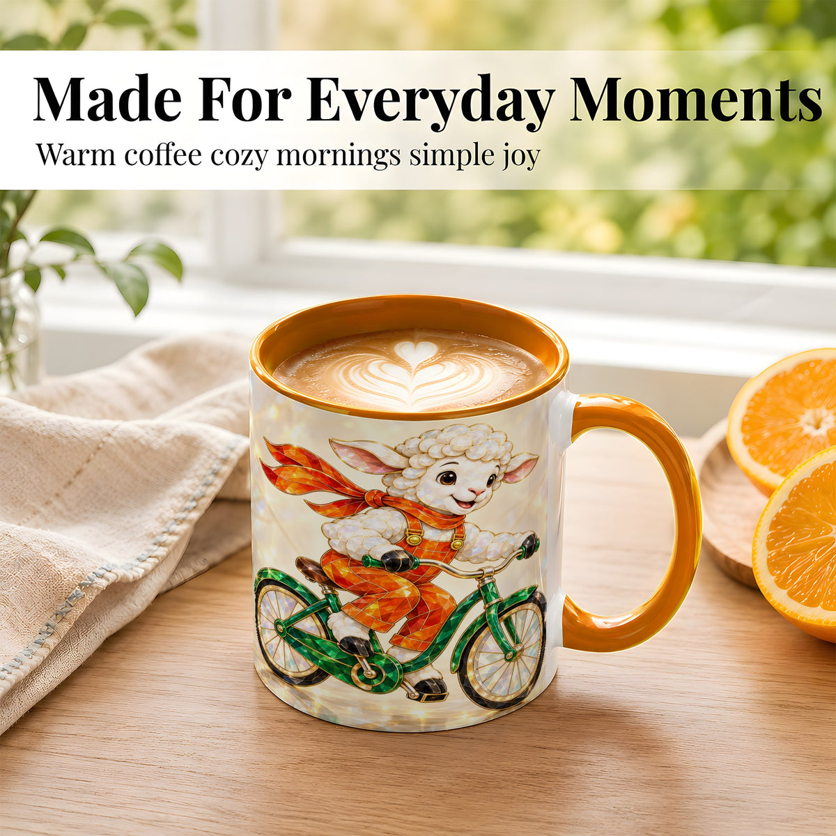 #pl[11oz|Orange] Crystal Cycling Lamb Coffee Mug, Bicycle Rider Mug, Ceramic Cup