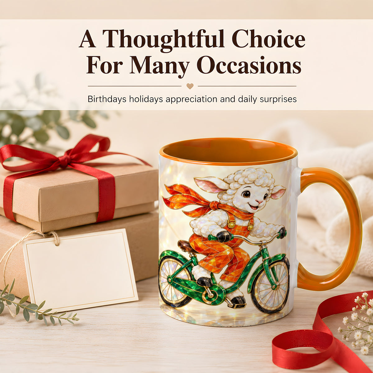 #pl[11oz|Orange] Crystal Cycling Lamb Coffee Mug, Bicycle Rider Mug, Ceramic Cup