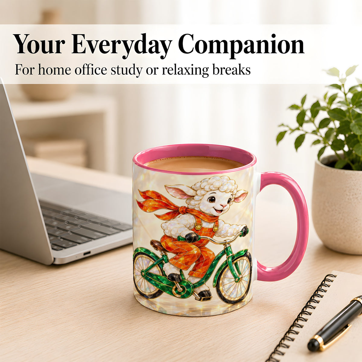 #pl[11oz|Pink] Crystal Cycling Lamb Coffee Mug, Bicycle Rider Mug, Ceramic Cup