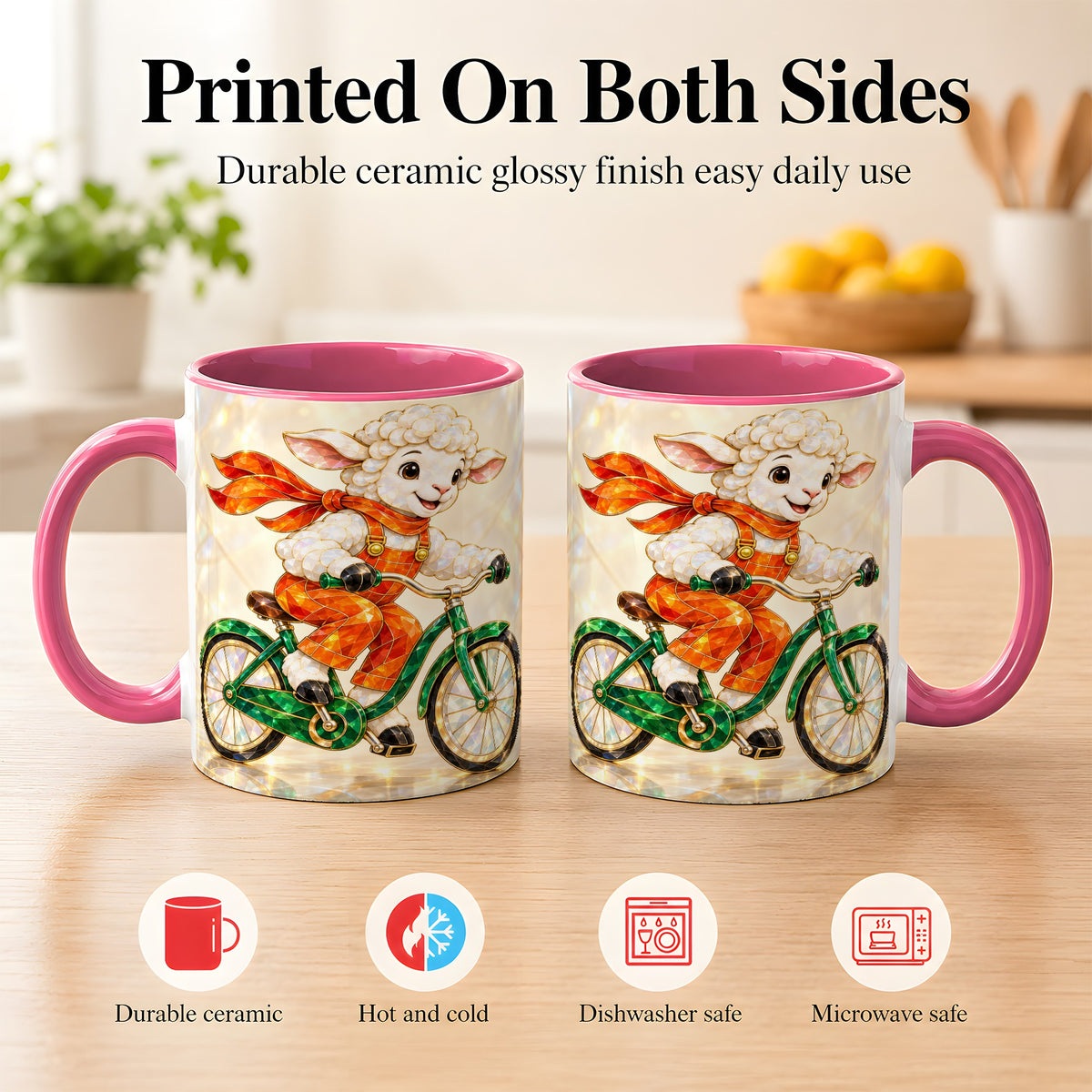 #pl[11oz|Pink] Crystal Cycling Lamb Coffee Mug, Bicycle Rider Mug, Ceramic Cup