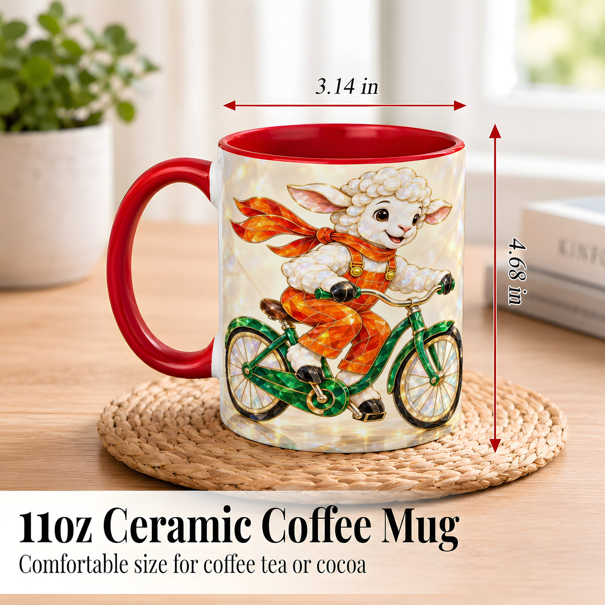 #pl[11oz|Red] Crystal Cycling Lamb Coffee Mug, Bicycle Rider Mug, Ceramic Cup