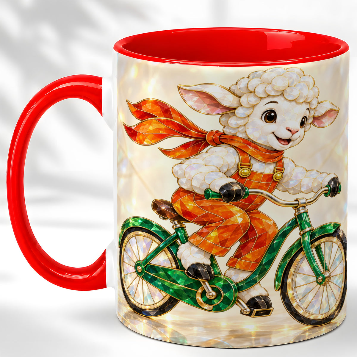 Crystal Cycling Lamb Coffee Mug, Bicycle Rider Mug, Ceramic Cup
