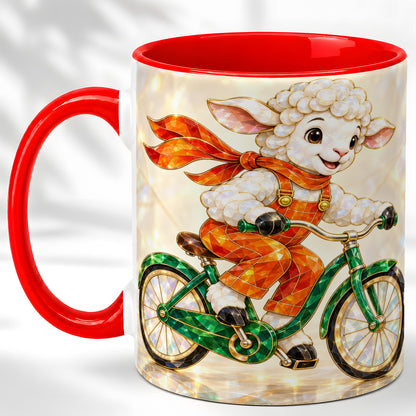 Crystal Cycling Lamb Coffee Mug, Bicycle Rider Mug, Ceramic Cup