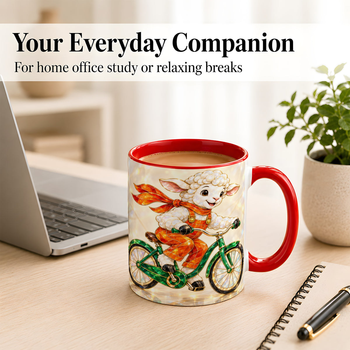 #pl[11oz|Red] Crystal Cycling Lamb Coffee Mug, Bicycle Rider Mug, Ceramic Cup