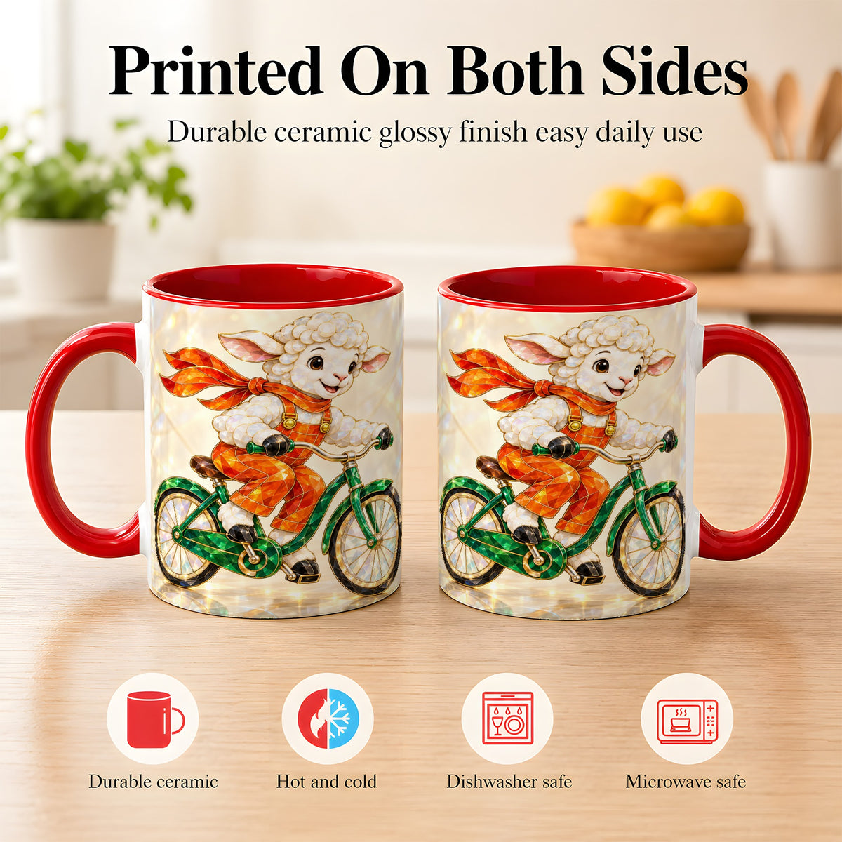 #pl[11oz|Red] Crystal Cycling Lamb Coffee Mug, Bicycle Rider Mug, Ceramic Cup