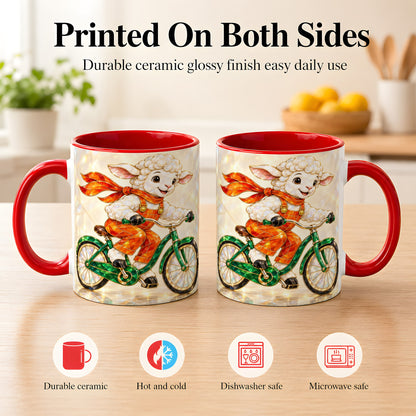 #pl[11oz|Red] Crystal Cycling Lamb Coffee Mug, Bicycle Rider Mug, Ceramic Cup