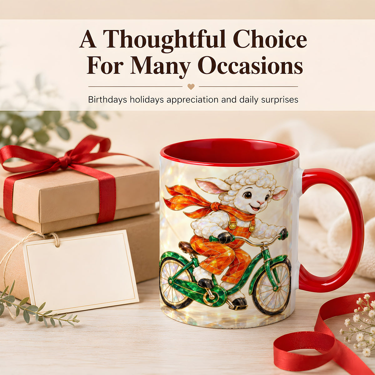 #pl[11oz|Red] Crystal Cycling Lamb Coffee Mug, Bicycle Rider Mug, Ceramic Cup