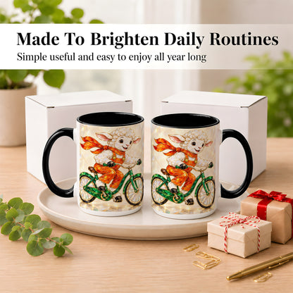 #pl[15oz|Black] Crystal Cycling Lamb Coffee Mug, Bicycle Rider Mug, Ceramic Cup