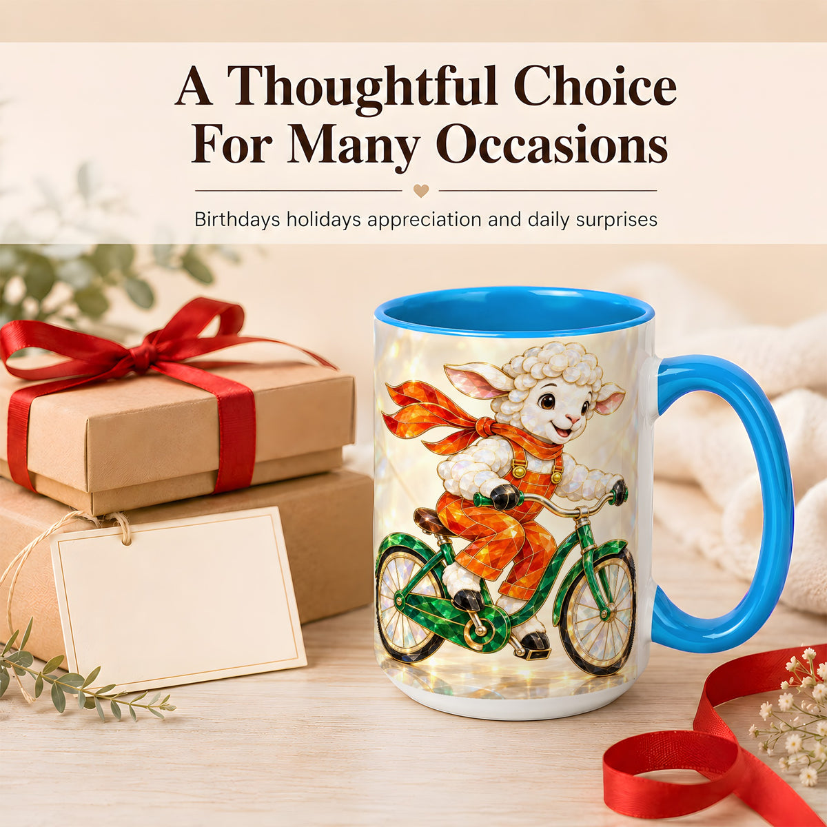 #pl[15oz|Blue] Crystal Cycling Lamb Coffee Mug, Bicycle Rider Mug, Ceramic Cup