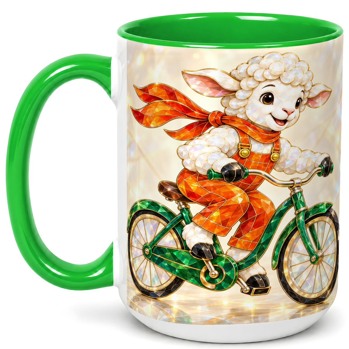 #pl[15oz|Green] Crystal Cycling Lamb Coffee Mug, Bicycle Rider Mug, Ceramic Cup