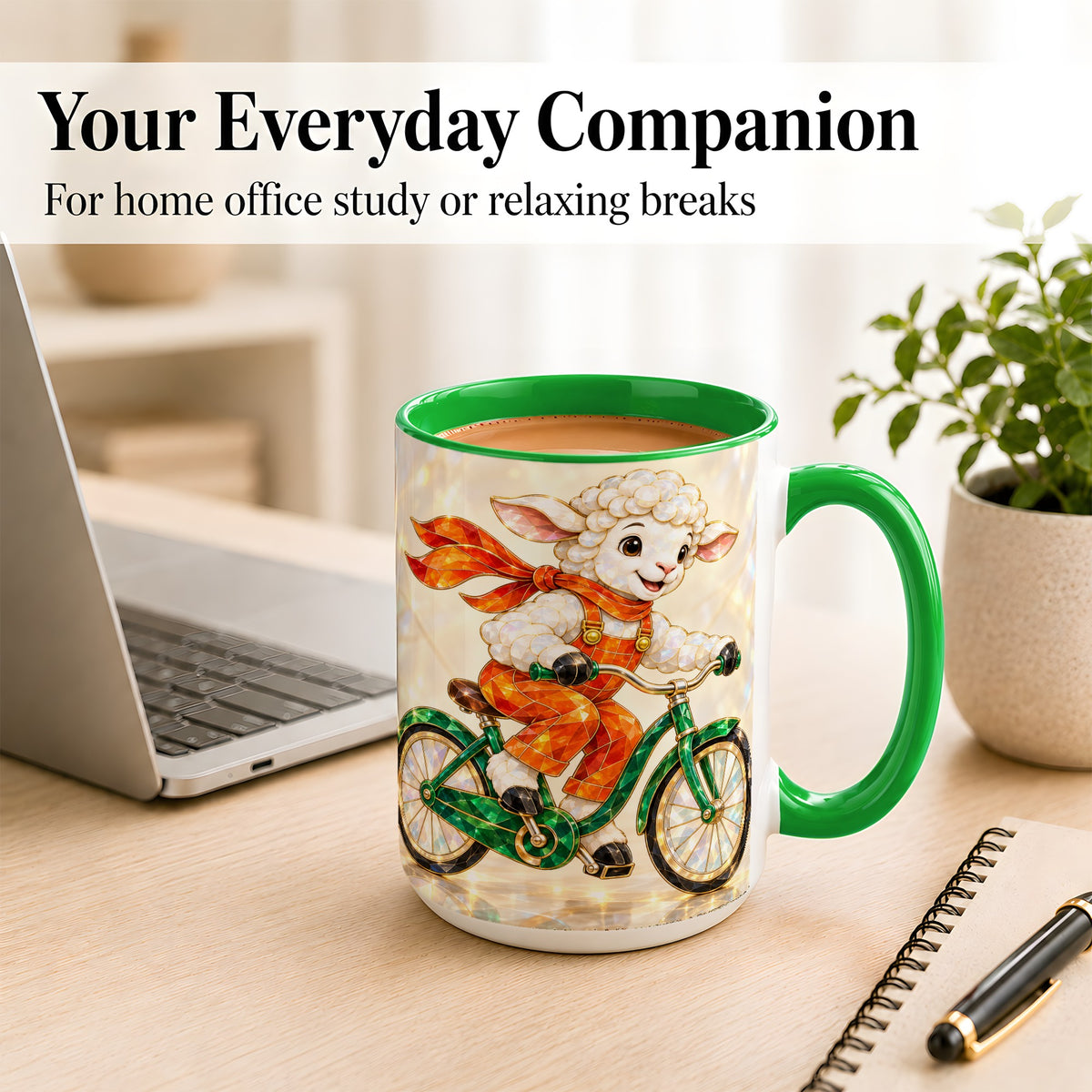 #pl[15oz|Green] Crystal Cycling Lamb Coffee Mug, Bicycle Rider Mug, Ceramic Cup