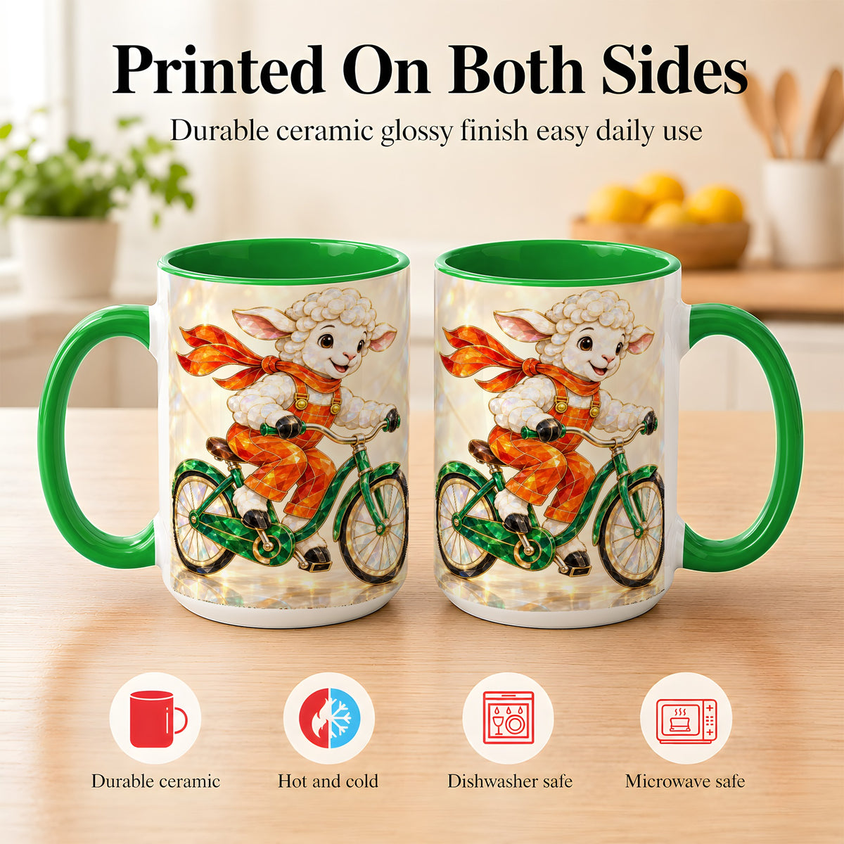 #pl[15oz|Green] Crystal Cycling Lamb Coffee Mug, Bicycle Rider Mug, Ceramic Cup