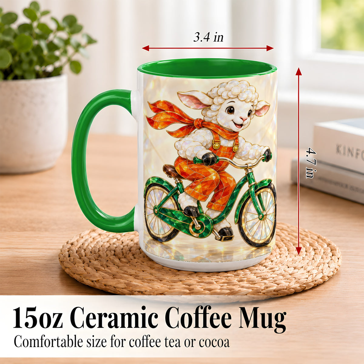 #pl[15oz|Green] Crystal Cycling Lamb Coffee Mug, Bicycle Rider Mug, Ceramic Cup