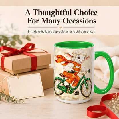 #pl[15oz|Green] Crystal Cycling Lamb Coffee Mug, Bicycle Rider Mug, Ceramic Cup