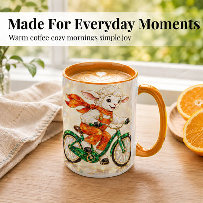 #pl[15oz|Orange] Crystal Cycling Lamb Coffee Mug, Bicycle Rider Mug, Ceramic Cup