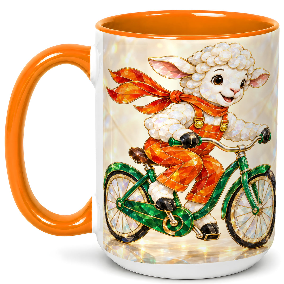 #pl[15oz|Orange] Crystal Cycling Lamb Coffee Mug, Bicycle Rider Mug, Ceramic Cup