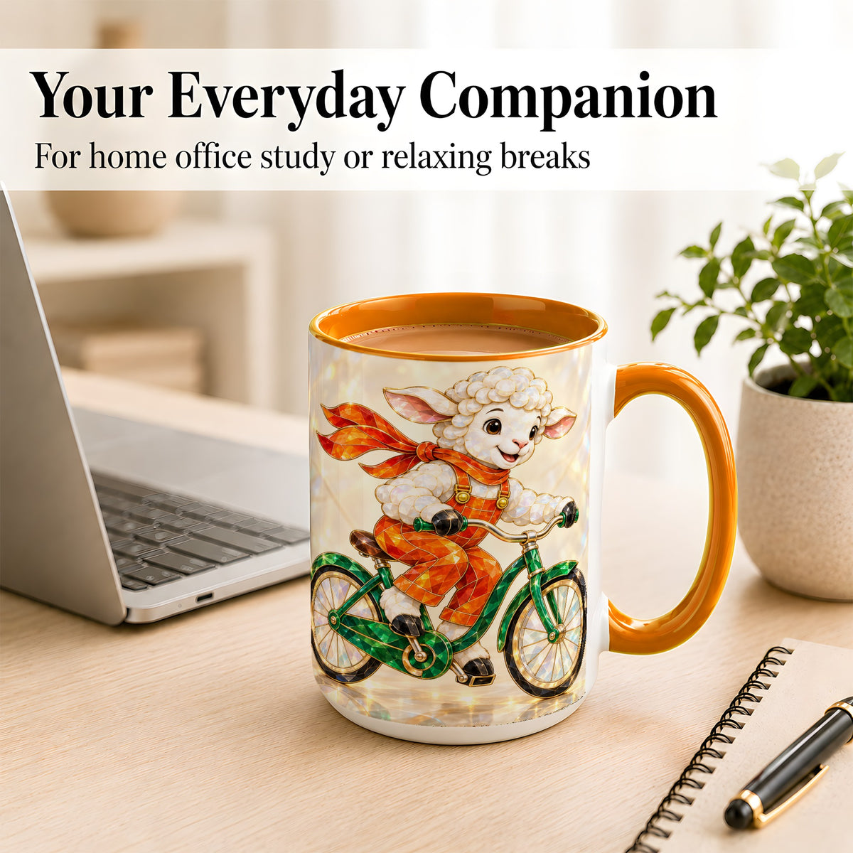 #pl[15oz|Orange] Crystal Cycling Lamb Coffee Mug, Bicycle Rider Mug, Ceramic Cup