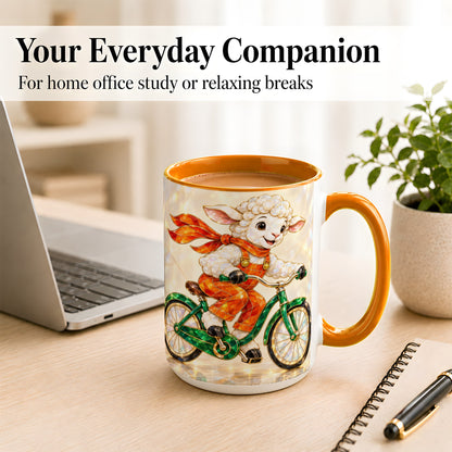 #pl[15oz|Orange] Crystal Cycling Lamb Coffee Mug, Bicycle Rider Mug, Ceramic Cup
