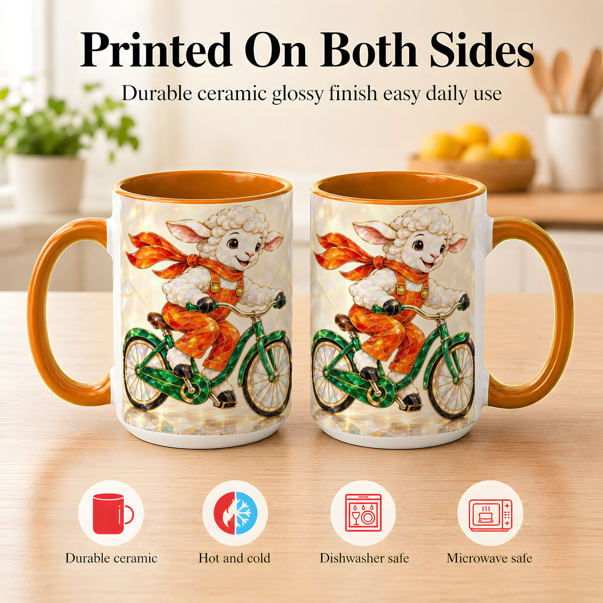 #pl[15oz|Orange] Crystal Cycling Lamb Coffee Mug, Bicycle Rider Mug, Ceramic Cup