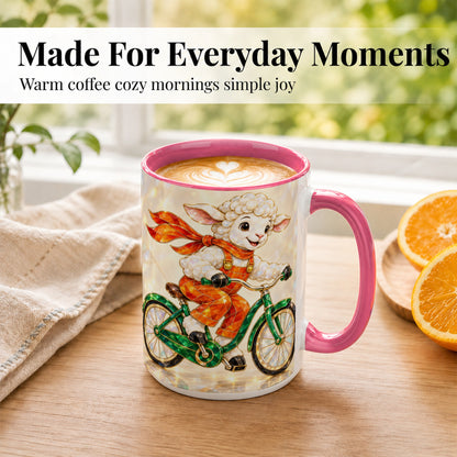 #pl[15oz|Pink] Crystal Cycling Lamb Coffee Mug, Bicycle Rider Mug, Ceramic Cup