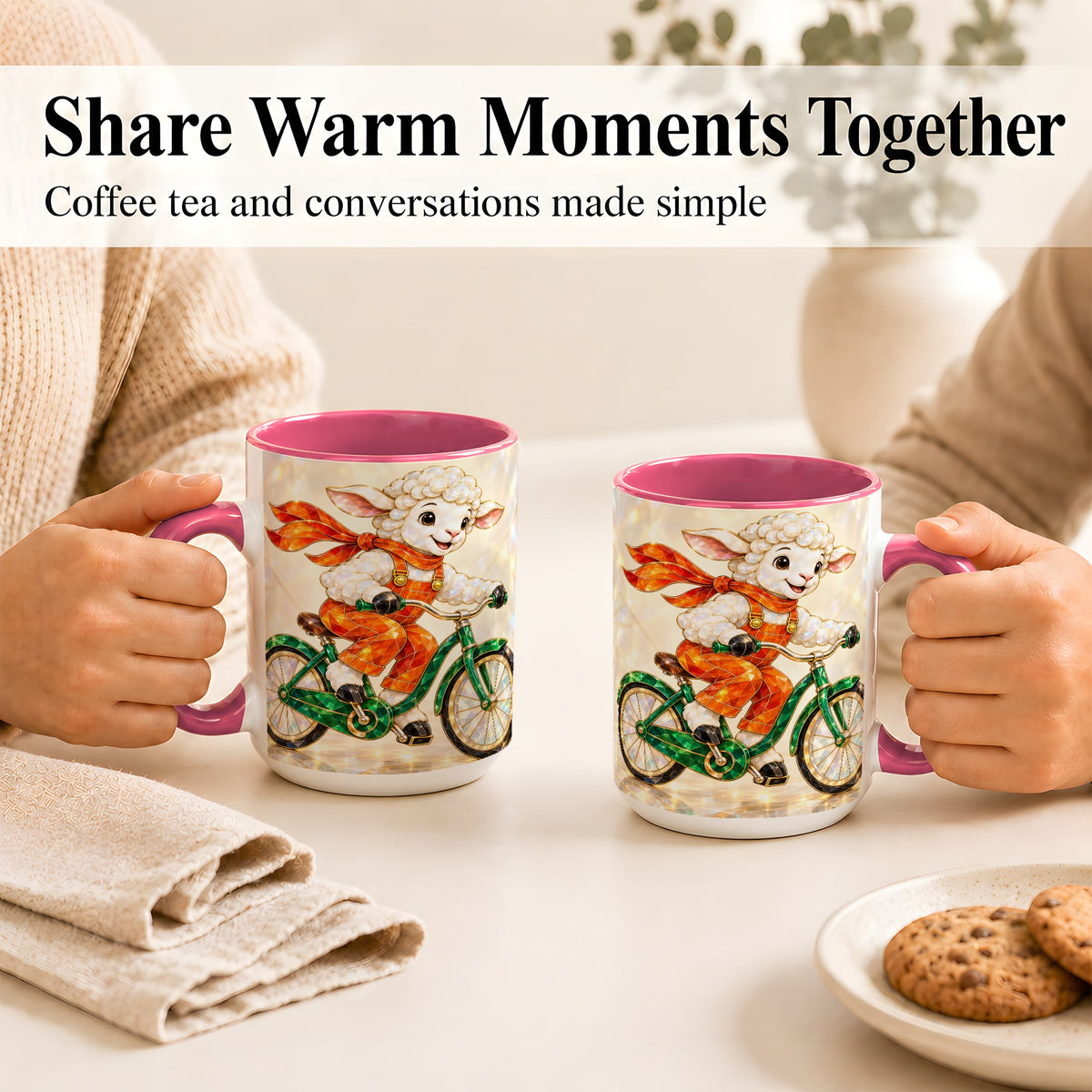 #pl[15oz|Pink] Crystal Cycling Lamb Coffee Mug, Bicycle Rider Mug, Ceramic Cup