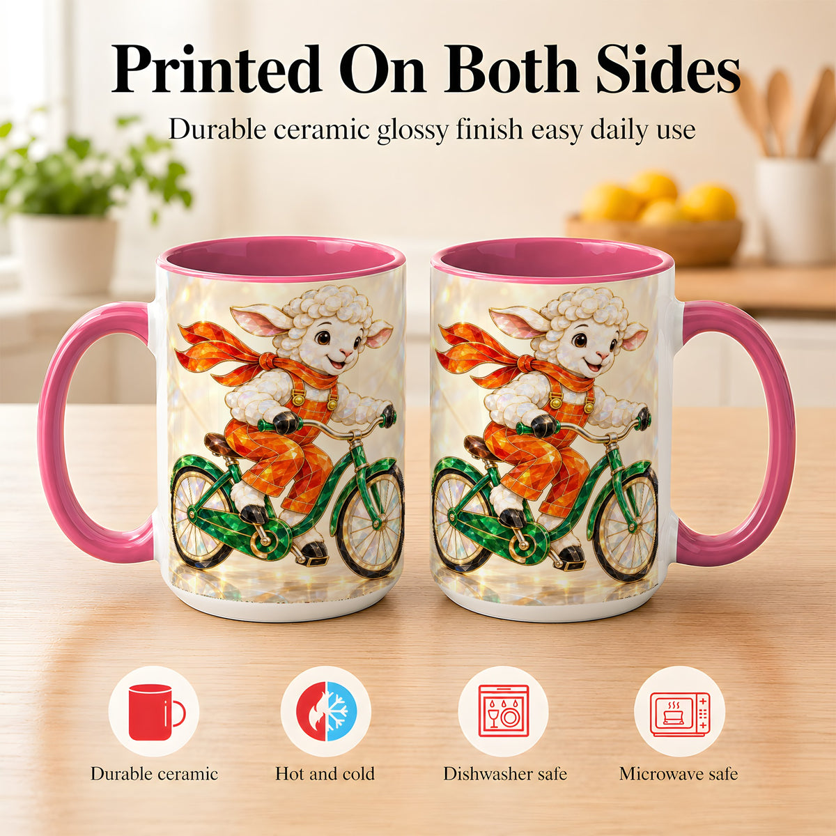 #pl[15oz|Pink] Crystal Cycling Lamb Coffee Mug, Bicycle Rider Mug, Ceramic Cup