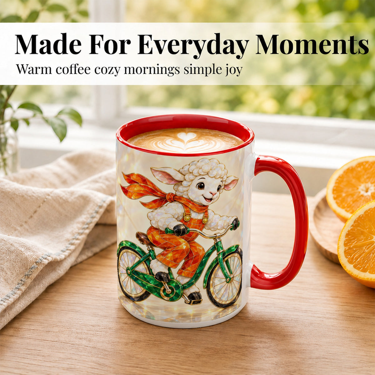 #pl[15oz|Red] Crystal Cycling Lamb Coffee Mug, Bicycle Rider Mug, Ceramic Cup