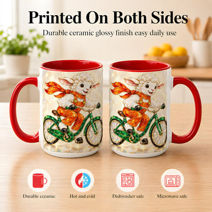 #pl[15oz|Red] Crystal Cycling Lamb Coffee Mug, Bicycle Rider Mug, Ceramic Cup