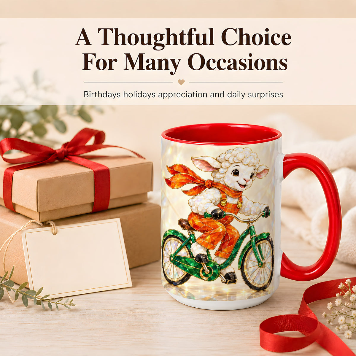#pl[15oz|Red] Crystal Cycling Lamb Coffee Mug, Bicycle Rider Mug, Ceramic Cup