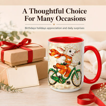 #pl[15oz|Red] Crystal Cycling Lamb Coffee Mug, Bicycle Rider Mug, Ceramic Cup