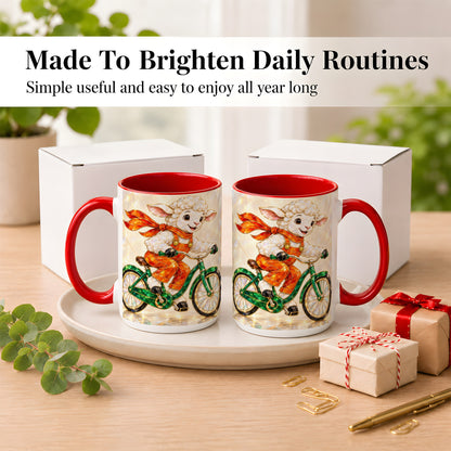 #pl[15oz|Red] Crystal Cycling Lamb Coffee Mug, Bicycle Rider Mug, Ceramic Cup
