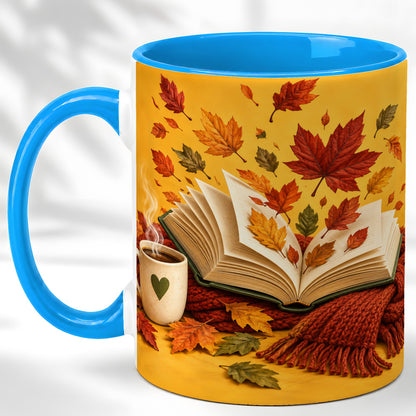 #pl[11oz|Blue] Autumn Reading Coffee Mug, Cozy Book Lover Mug, Ceramic Cup