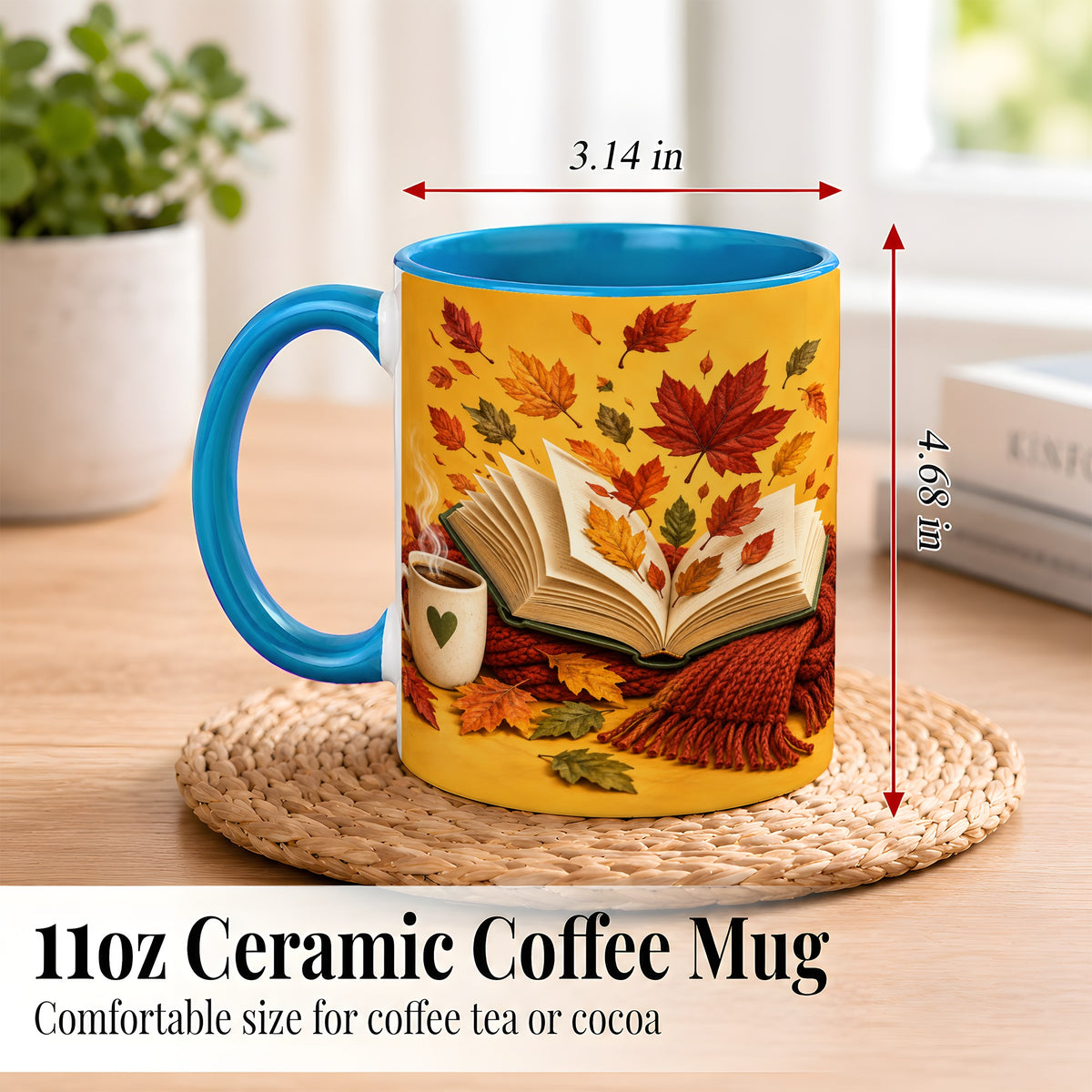 #pl[11oz|Blue] Autumn Reading Coffee Mug, Cozy Book Lover Mug, Ceramic Cup