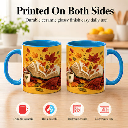 #pl[11oz|Blue] Autumn Reading Coffee Mug, Cozy Book Lover Mug, Ceramic Cup