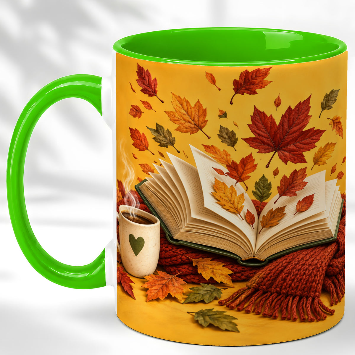 #pl[11oz|Green] Autumn Reading Coffee Mug, Cozy Book Lover Mug, Ceramic Cup