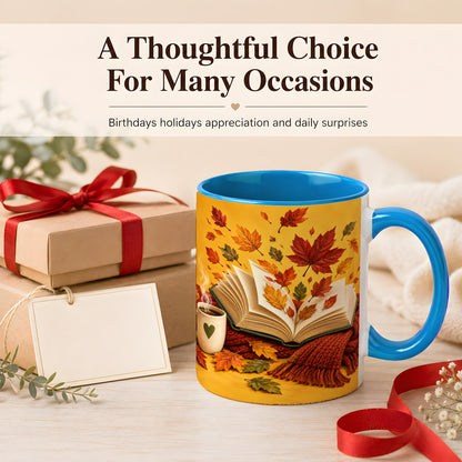 #pl[11oz|Blue] Autumn Reading Coffee Mug, Cozy Book Lover Mug, Ceramic Cup
