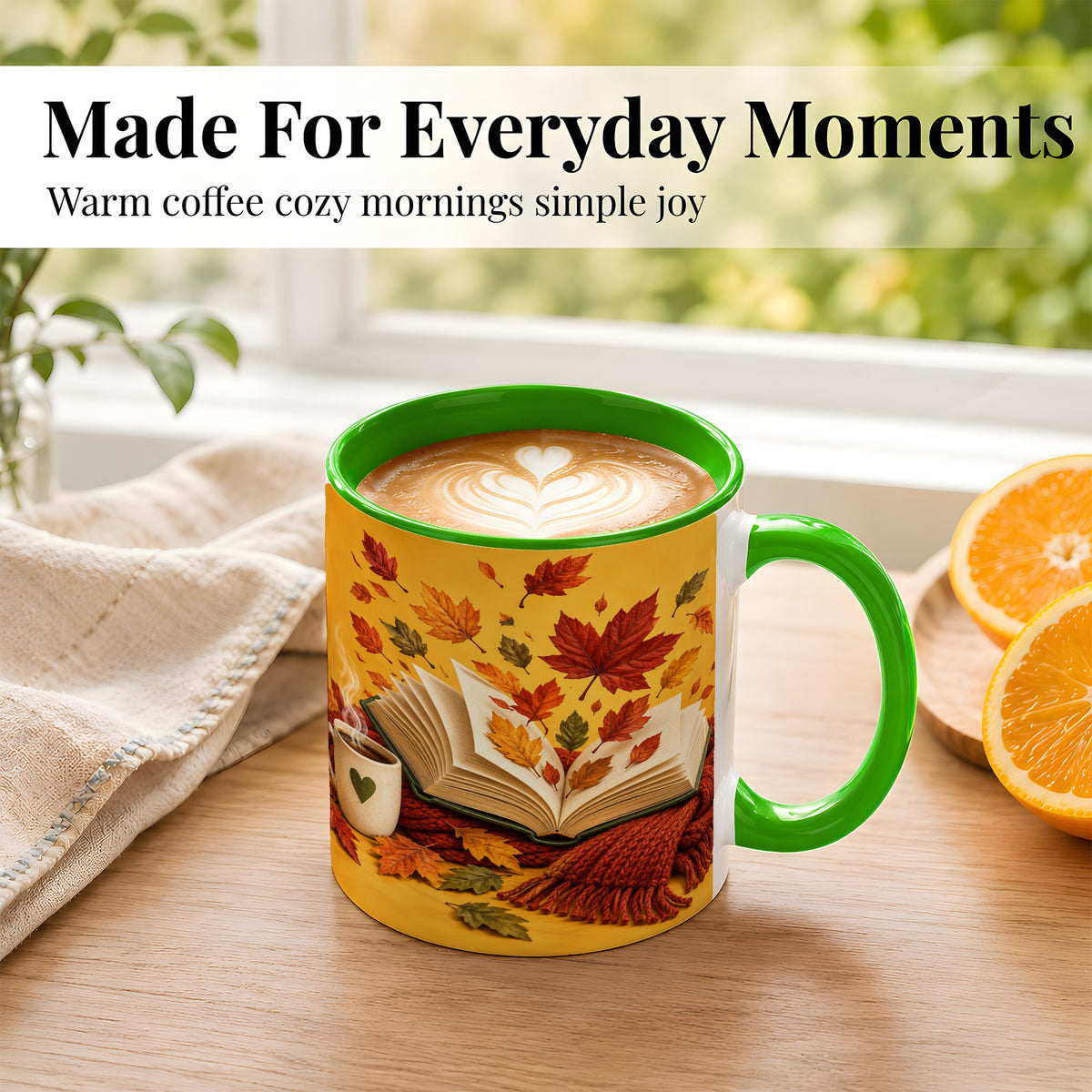 #pl[11oz|Green] Autumn Reading Coffee Mug, Cozy Book Lover Mug, Ceramic Cup