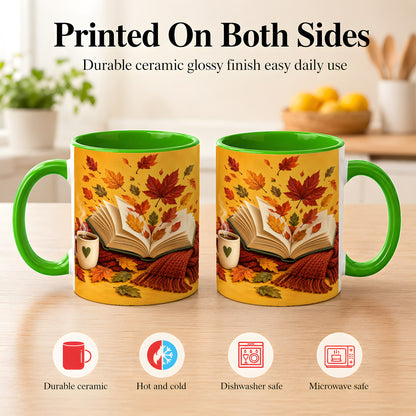 #pl[11oz|Green] Autumn Reading Coffee Mug, Cozy Book Lover Mug, Ceramic Cup