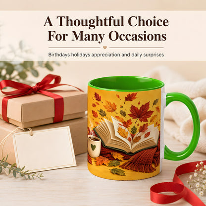 #pl[11oz|Green] Autumn Reading Coffee Mug, Cozy Book Lover Mug, Ceramic Cup