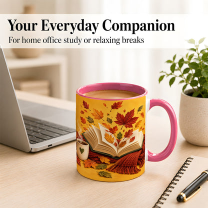 #pl[11oz|Pink] Autumn Reading Coffee Mug, Cozy Book Lover Mug, Ceramic Cup