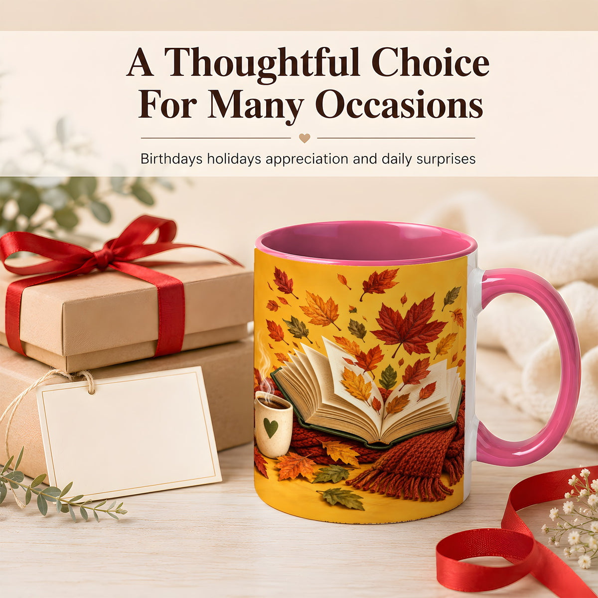 #pl[11oz|Pink] Autumn Reading Coffee Mug, Cozy Book Lover Mug, Ceramic Cup