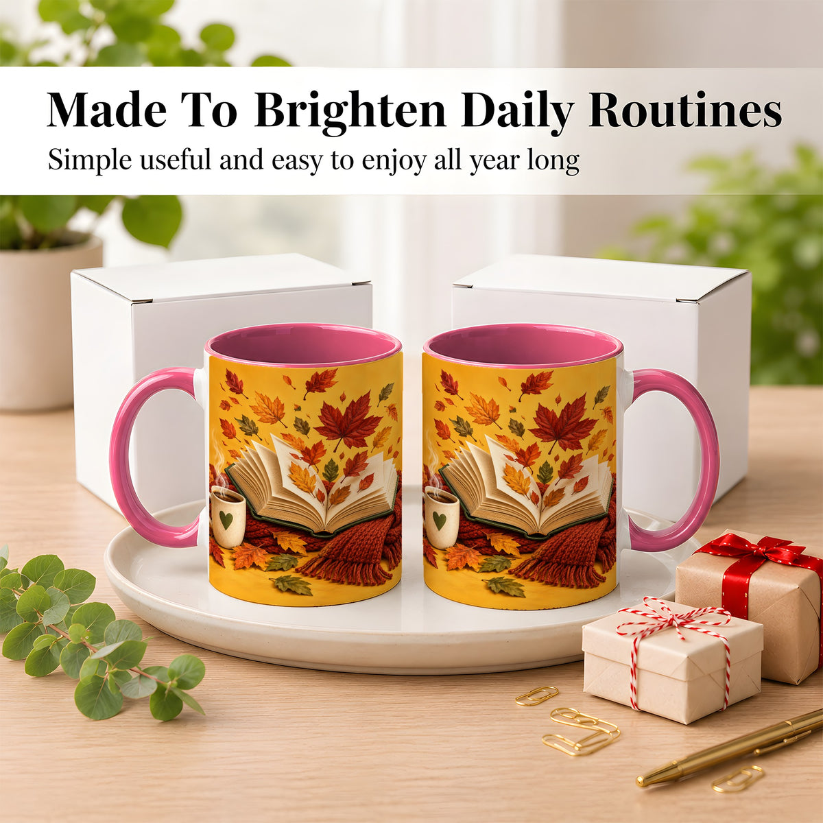 #pl[11oz|Pink] Autumn Reading Coffee Mug, Cozy Book Lover Mug, Ceramic Cup
